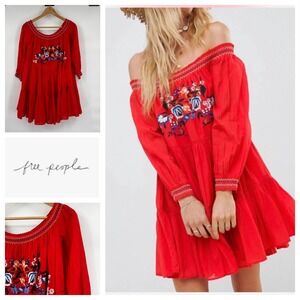 Free People Red Embroidered Off The Shoulder Tiered Mini Dress Size Small